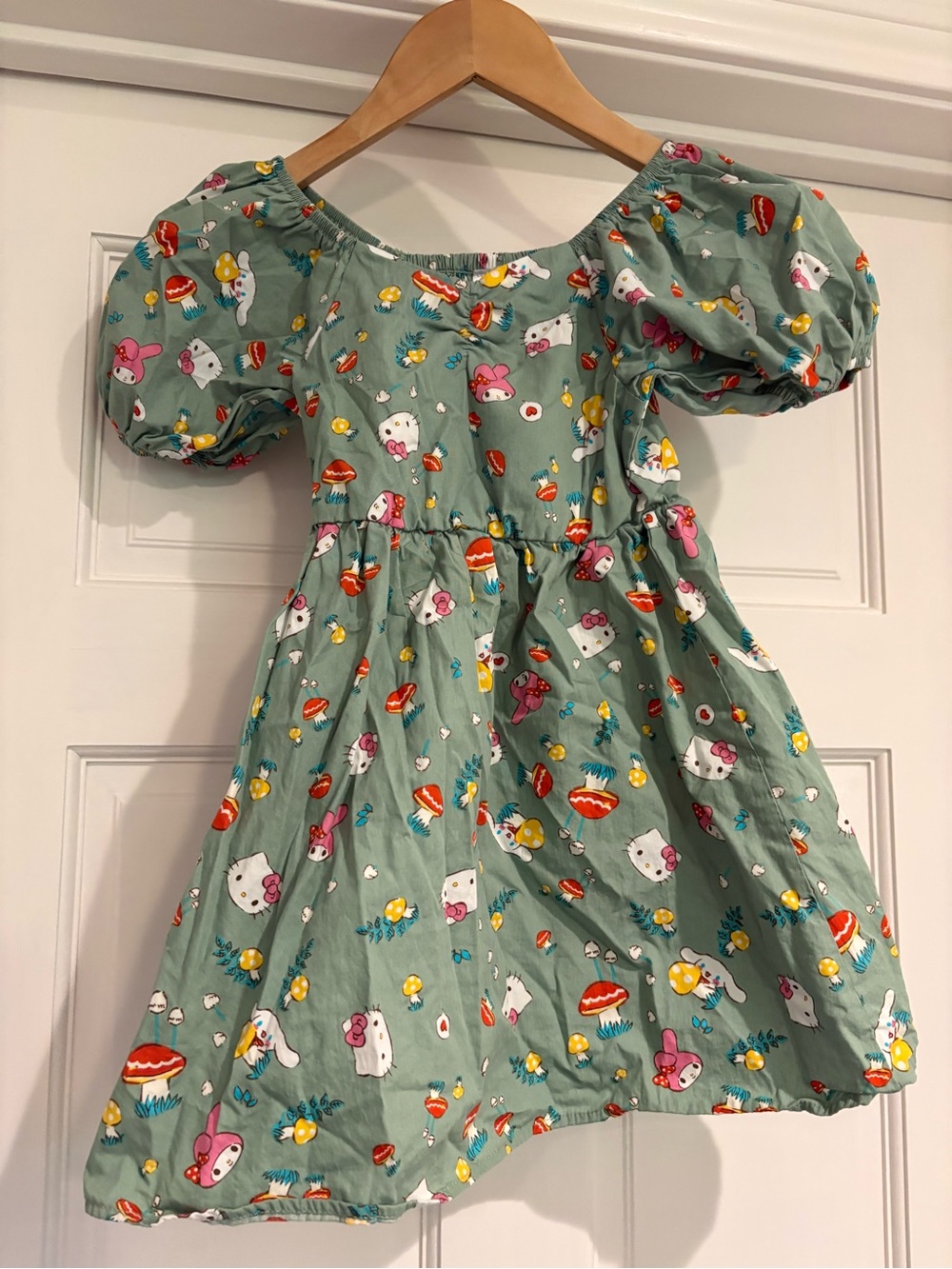 Sanrio Sage Green Puff-Sleeve Dress with Character Print